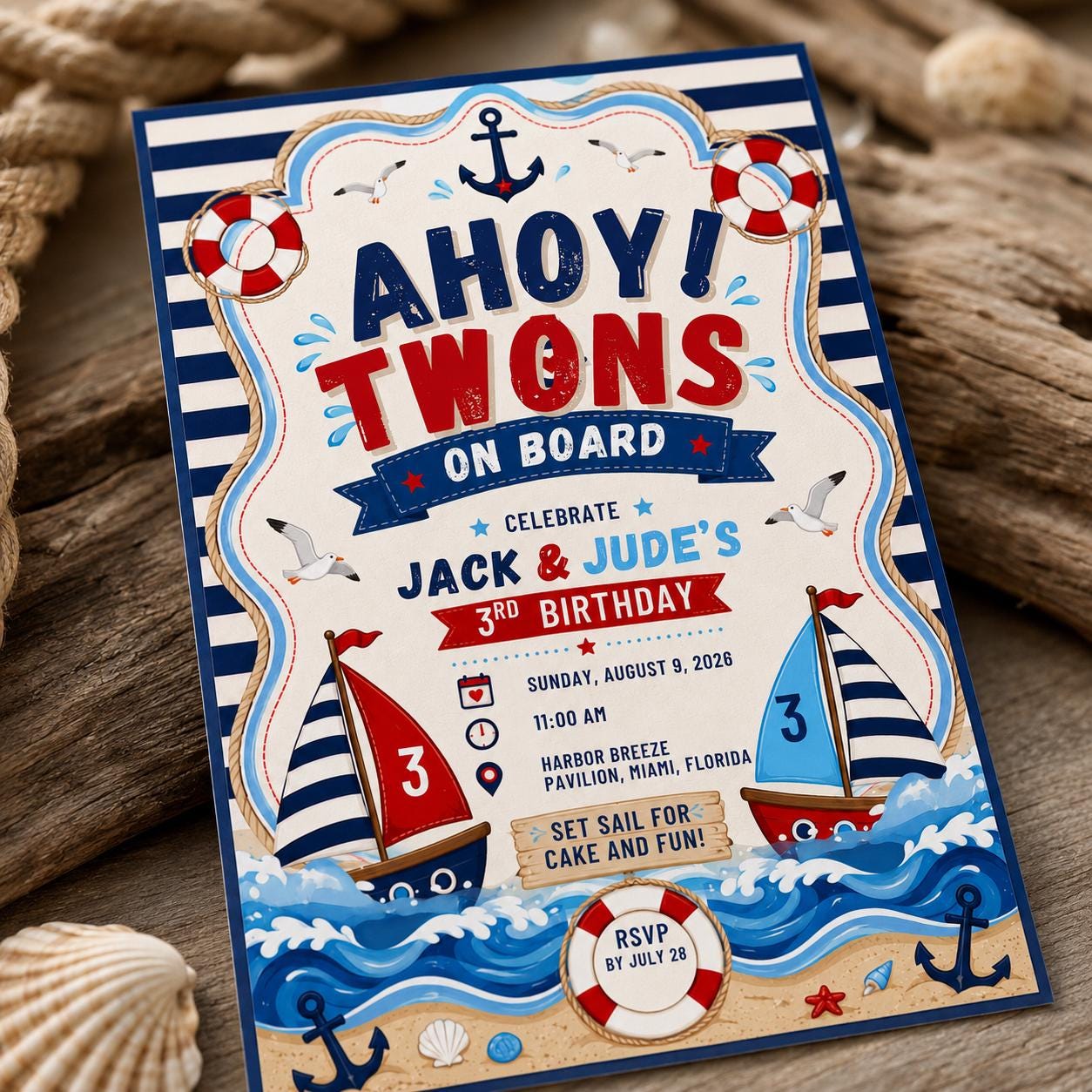 Nautical Twin Birthday Invitation, Ahoy Sailboat Party Invite for Boys 3rd Birthday, Editable Canva Template - Image 4
