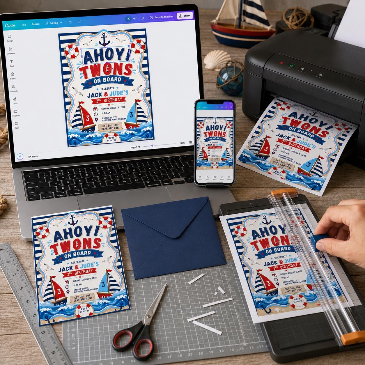 Nautical Twin Birthday Invitation, Ahoy Sailboat Party Invite for Boys 3rd Birthday, Editable Canva Template - Image 3
