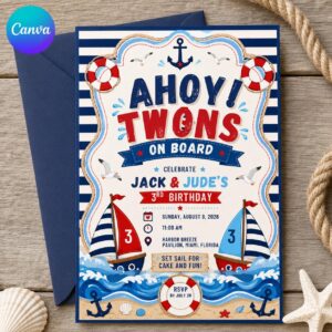 Nautical Twin Birthday Invitation, Ahoy Sailboat Party Invite for Boys 3rd Birthday, Editable Canva Template