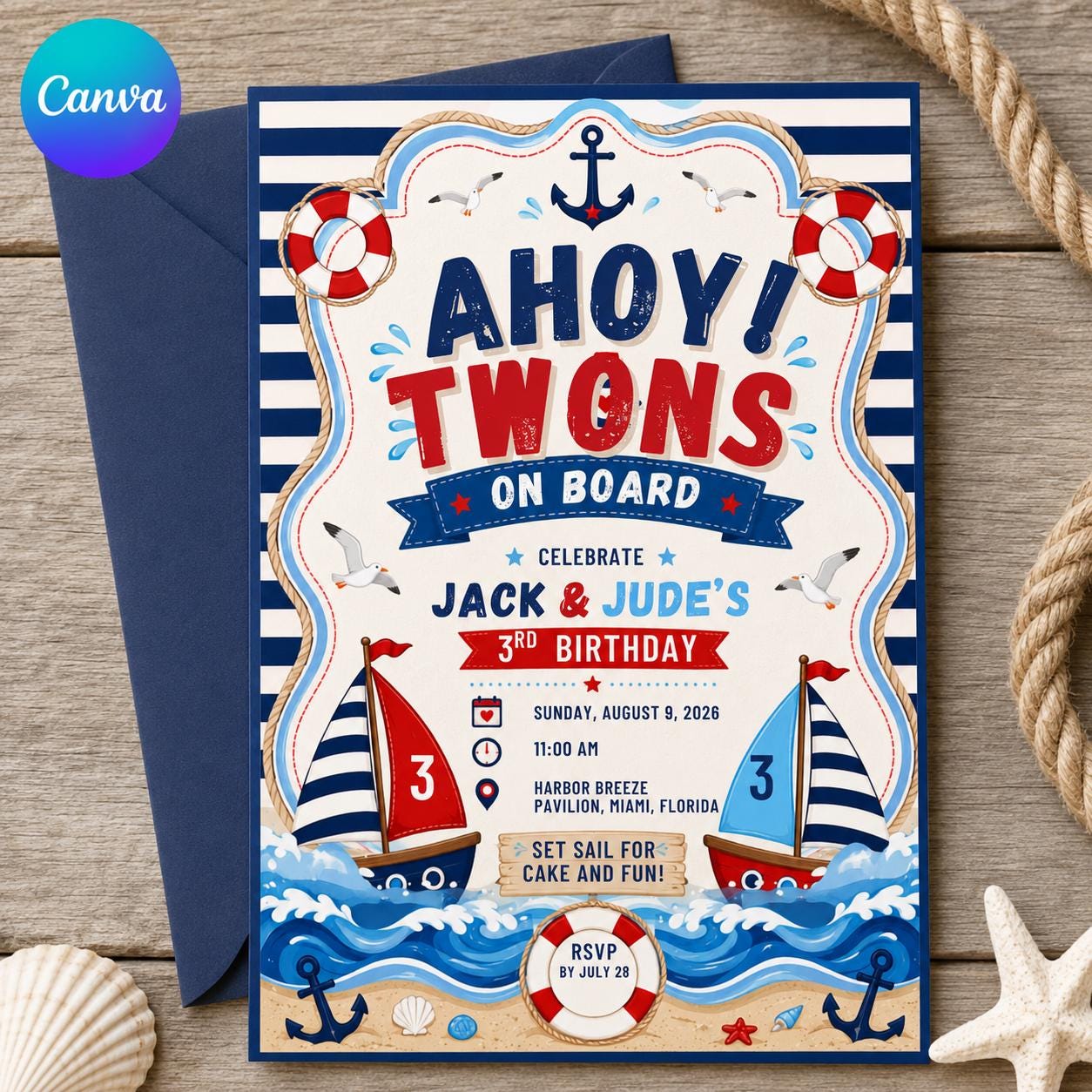 Nautical Twin Birthday Invitation, Ahoy Sailboat Party Invite for Boys 3rd Birthday, Editable Canva Template