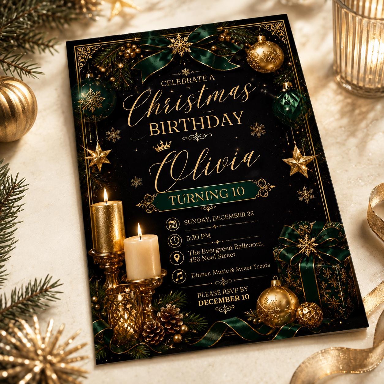 Christmas Birthday Invitation, Elegant Black Gold Holiday Party Invite for Girl 10th Birthday, Editable Canva Template - Image 3