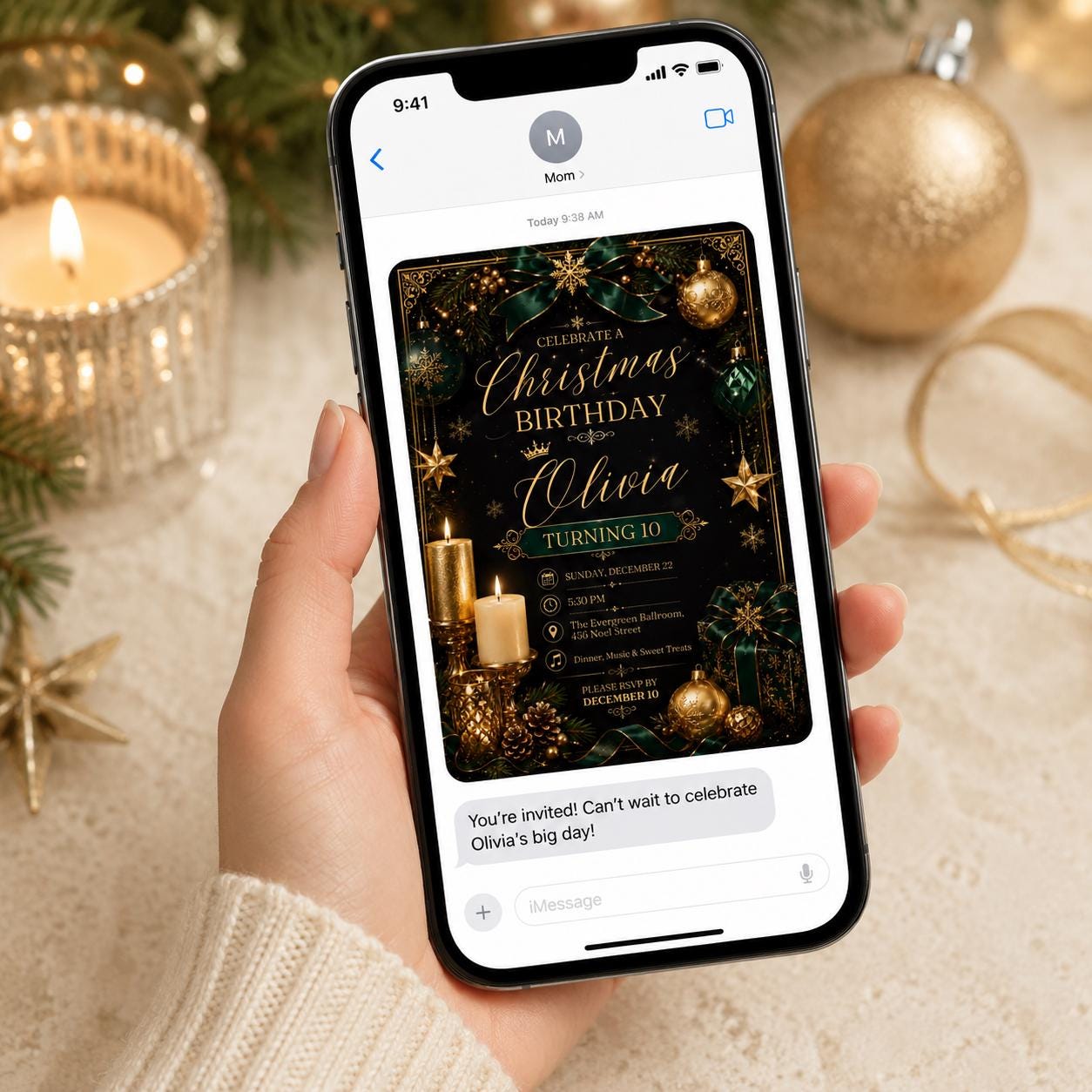 Christmas Birthday Invitation, Elegant Black Gold Holiday Party Invite for Girl 10th Birthday, Editable Canva Template - Image 6