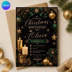 Christmas Birthday Invitation, Elegant Black Gold Holiday Party Invite for Girl 10th Birthday, Editable Canva Template