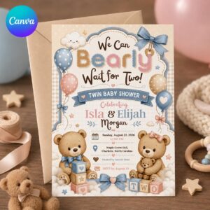 Twin Baby Shower Invitation, We Can Bearly Wait Teddy Bear Boy Girl Invite, Editable Printable Canva Template