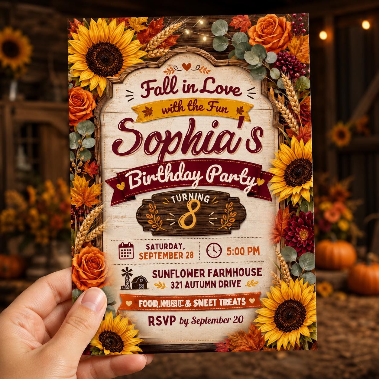 Fall Birthday Invitation, Sunflower Autumn Party Invite for Girl 8th Birthday, Rustic Floral Editable Canva Template - Image 4