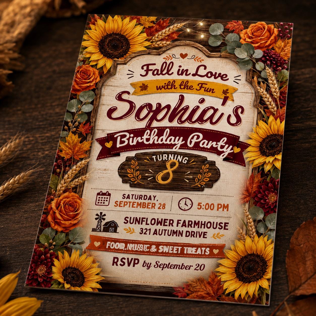 Fall Birthday Invitation, Sunflower Autumn Party Invite for Girl 8th Birthday, Rustic Floral Editable Canva Template - Image 3