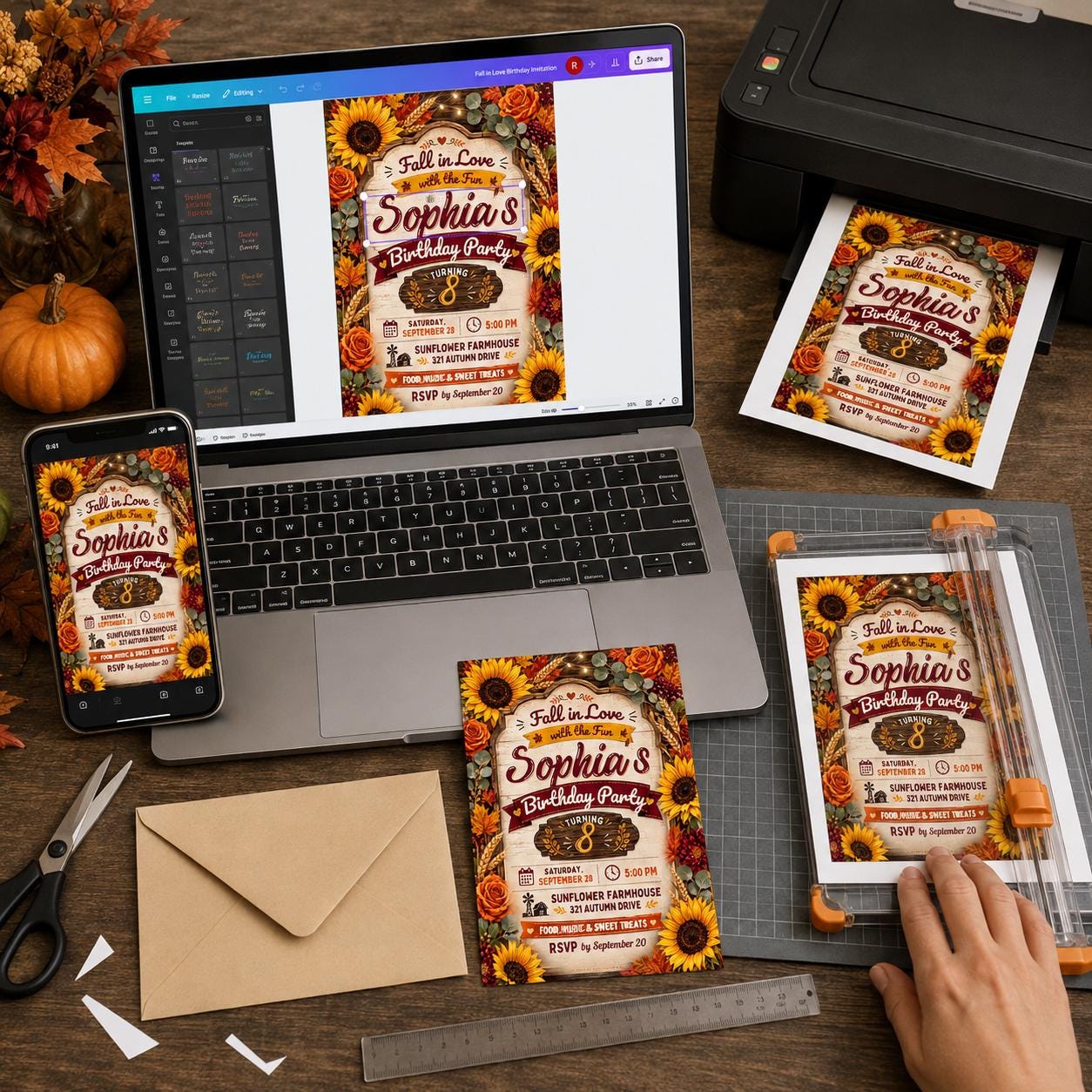 Fall Birthday Invitation, Sunflower Autumn Party Invite for Girl 8th Birthday, Rustic Floral Editable Canva Template - Image 5