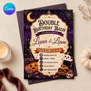 Double Halloween Birthday Invitation, Cute Joint Sibling Party Invite, Pumpkin Ghost Costume Bash Editable Canva Template