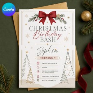 Christmas Birthday Invitation, Red Bow Holiday Party Invite for Girls, Minimal Winter Celebration Editable Canva Template