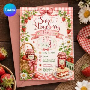 Strawberry 3rd Birthday Invitation, Berry Sweet Girl Party Invite, Pink Gingham Picnic Theme Editable Canva Template