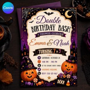 Double Halloween Birthday Invitation, Joint Sibling Costume Party Invite, Cute Pumpkin Kids Celebration Editable Canva Template