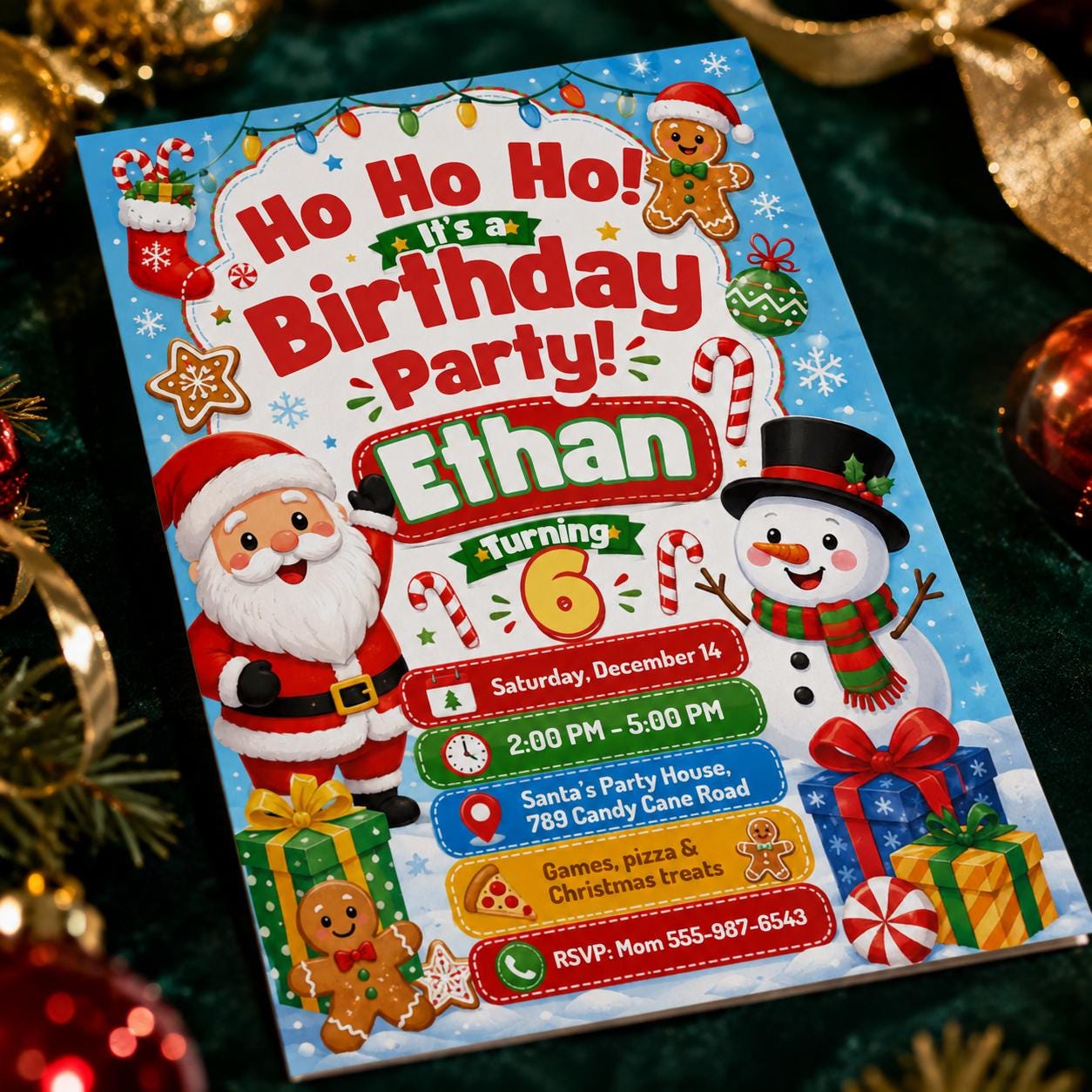 Christmas Birthday Invitation, Santa Snowman Kids 6th Birthday Party, Editable Printable Canva Template - Image 6