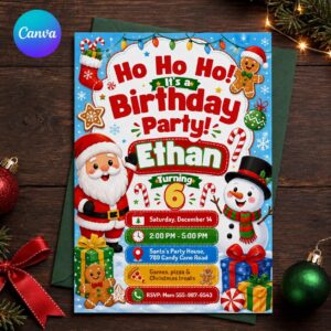 Christmas Birthday Invitation, Santa Snowman Kids 6th Birthday Party, Editable Printable Canva Template