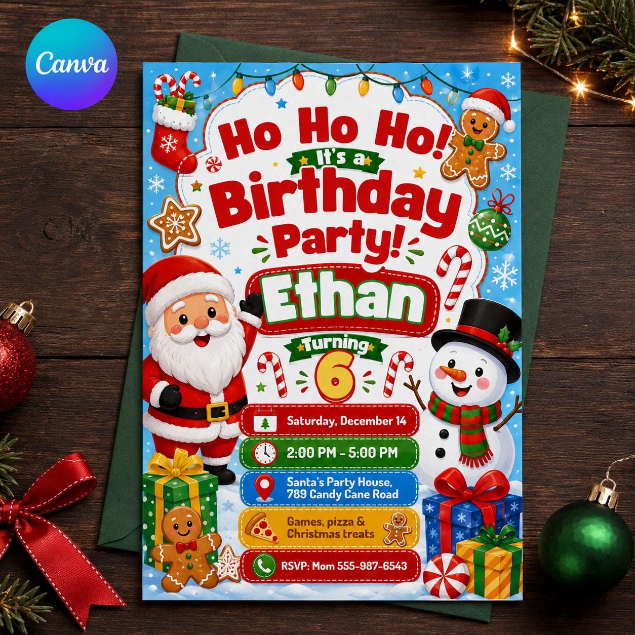 Christmas Birthday Invitation, Santa Snowman Kids 6th Birthday Party, Editable Printable Canva Template