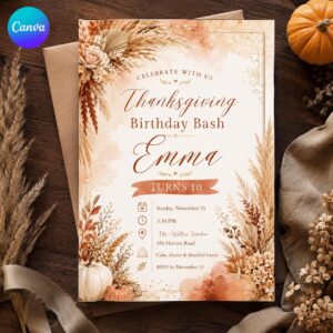 Thanksgiving Birthday Invitation, Boho Fall 10th Birthday Girl Party, Editable Printable Canva Template