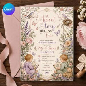 Twin Baby Shower Invitation, Floral Storybook A Sweet Story Begins for Two, Editable Printable Canva Template