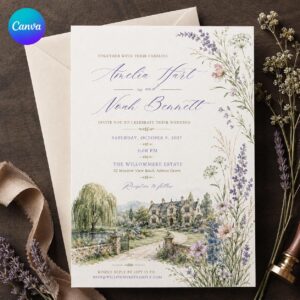 Watercolor Wedding Invitation, Wildflower Estate Venue Garden Wedding Invite, Editable Printable Canva Template