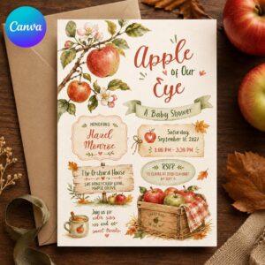 Apple of Our Eye Baby Shower Invitation, Fall Apple Orchard Invite, Rustic Gender Neutral Shower Editable Canva Template