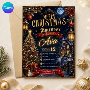 Christmas Birthday Invitation, Elegant Winter Night Party Invite for Girl, Magical Red and Gold Celebration Editable Canva Template