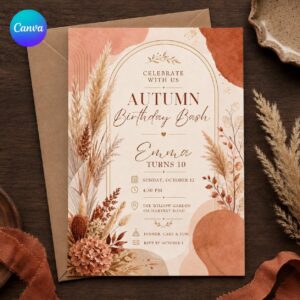 Fall Birthday Invitation, Boho Autumn Pampas Grass Party Invite, Terracotta 10th Birthday for Girl Editable Canva Template