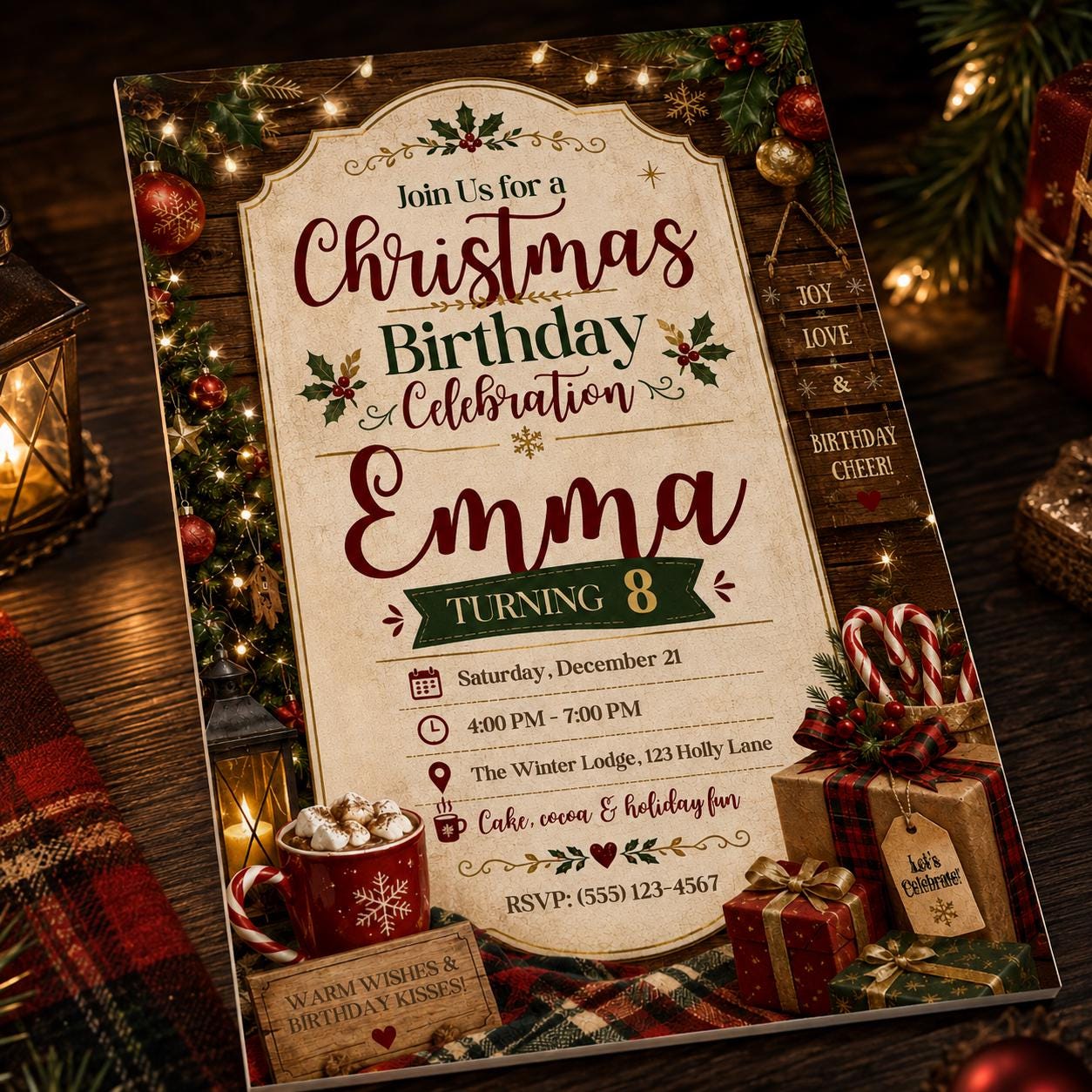 Christmas Birthday Invitation, Rustic Holiday Party for Girl 8th Birthday, Cozy Winter Editable Canva Template - Image 3