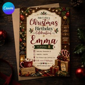 Christmas Birthday Invitation, Rustic Holiday Party for Girl 8th Birthday, Cozy Winter Editable Canva Template