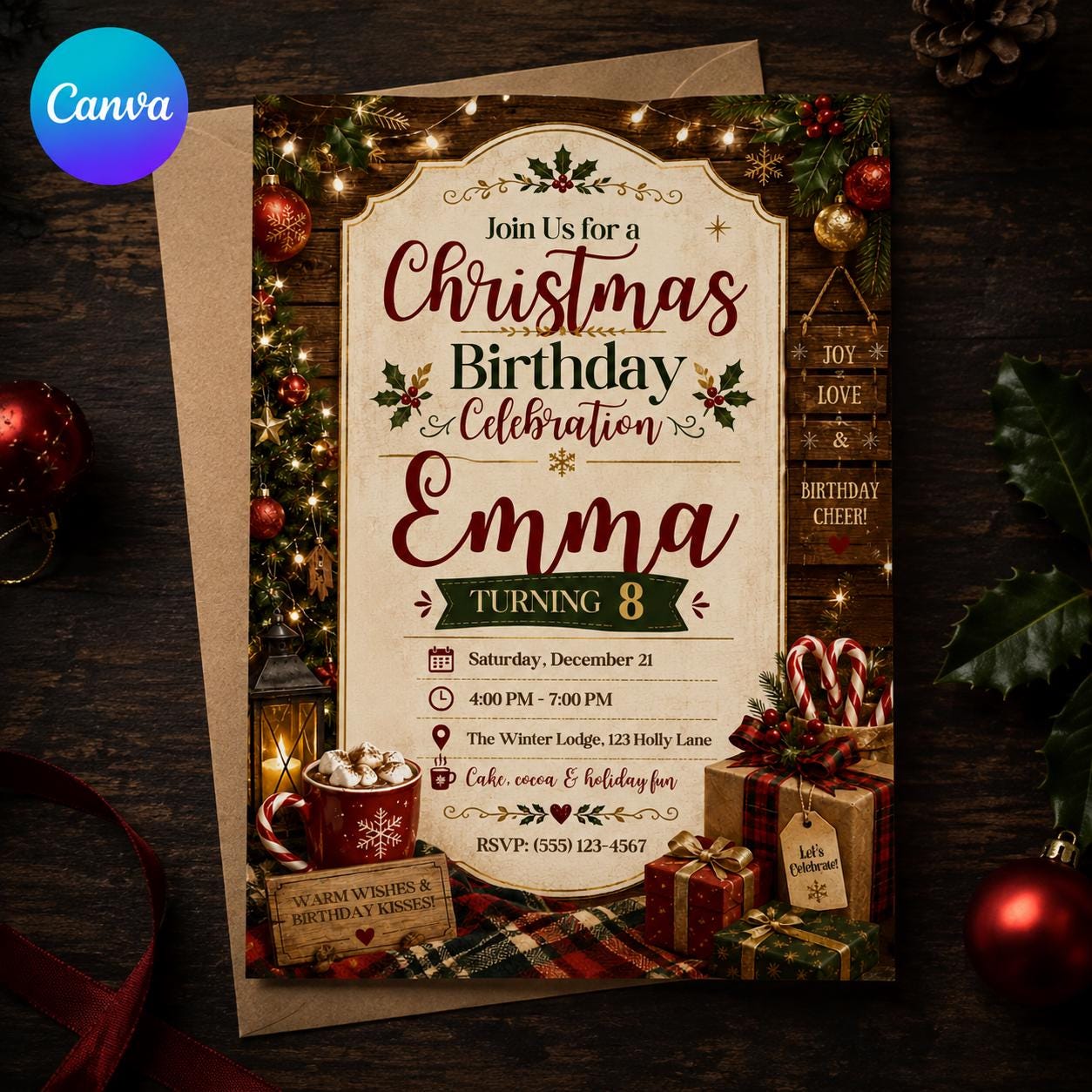 Christmas Birthday Invitation, Rustic Holiday Party for Girl 8th Birthday, Cozy Winter Editable Canva Template