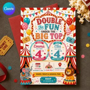Twin Birthday Invitation, Double the Fun Circus Carnival Party for Girls 4th Birthday, Editable Canva Template