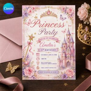 Princess Birthday Invitation, Pink Castle Royal Party for Girl 5th Birthday, Watercolor Editable Canva Template