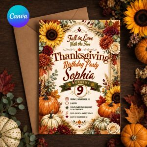Thanksgiving Birthday Invitation, Fall Floral 9th Birthday Party Girl, Editable Printable Canva Template