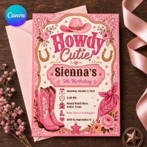 Pink Cowgirl Birthday Invitation, Western Rodeo Girl 5th Birthday Party, Editable Printable Canva Template