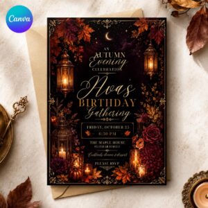 Elegant Fall Birthday Invitation, Autumn Evening Floral Adult Party, Editable Printable Canva Template