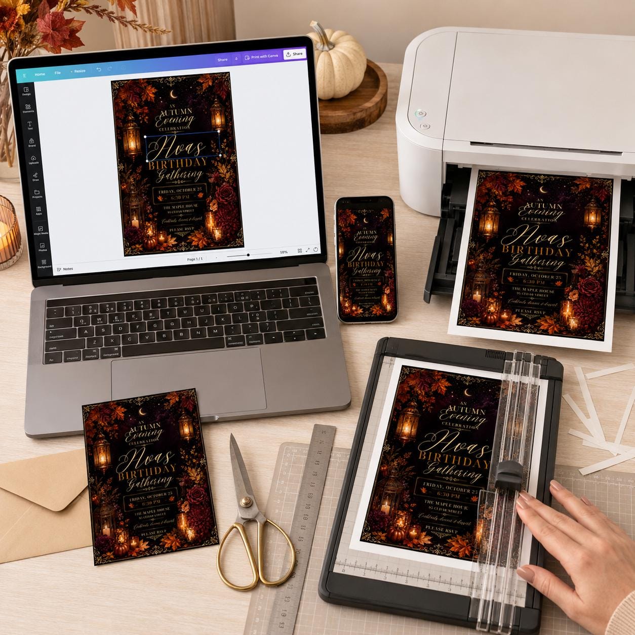 Elegant Fall Birthday Invitation, Autumn Evening Floral Adult Party, Editable Printable Canva Template - Image 5