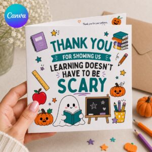 Halloween Teacher Thank You Greeting Card, Learning Does Not Have to Be Scary Printable Editable Folded Card Canva Template