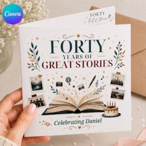 40th Birthday Greeting Card for Him, Forty Years of Great Stories Printable Editable Book Theme Card Canva Template