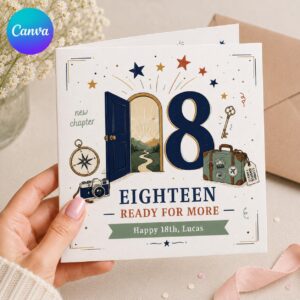 18th Birthday Greeting Card for Him, Eighteen Ready for More Travel Adventure Printable Editable Card Canva Template