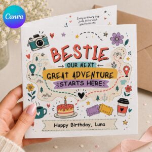 Best Friend Birthday Greeting Card, Next Great Adventure Printable Bestie Card, Editable Folded Card Canva Template