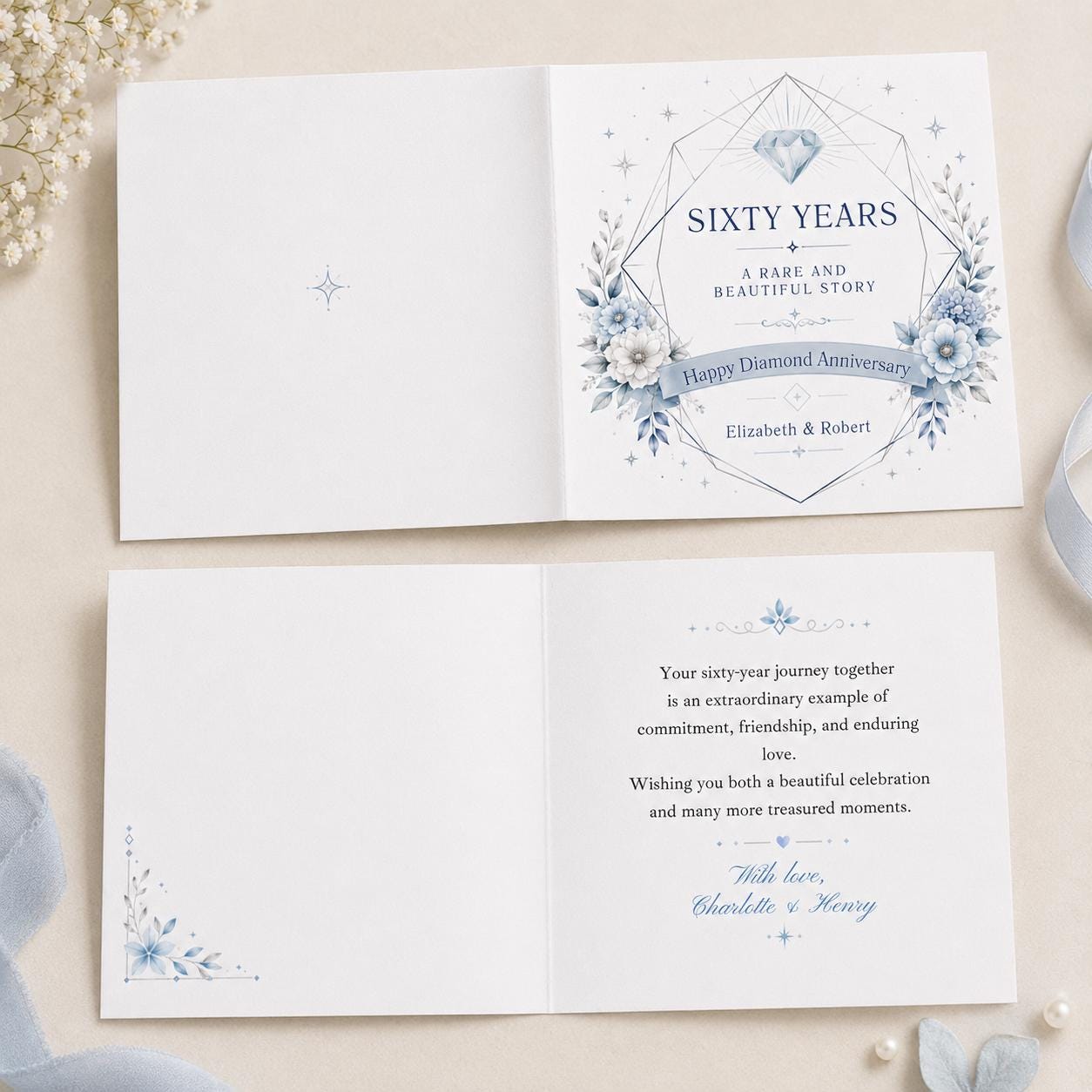 60th Anniversary Greeting Card, Diamond Wedding Card for Couple, Blue Floral Printable Editable Card Canva Template - Image 4