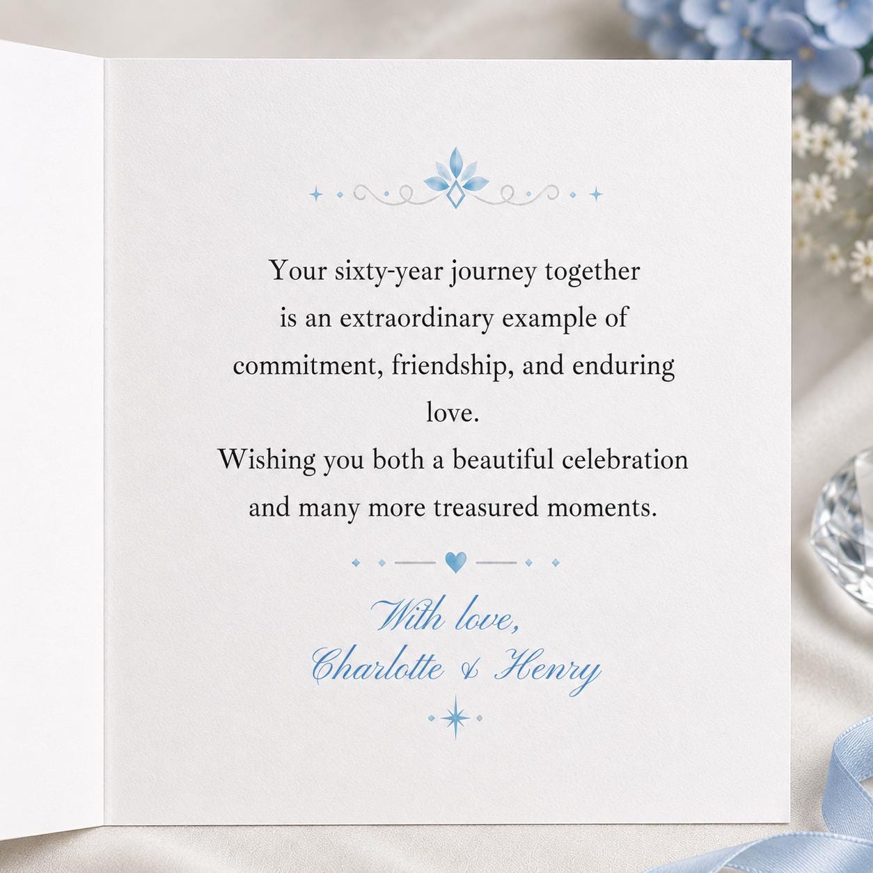 60th Anniversary Greeting Card, Diamond Wedding Card for Couple, Blue Floral Printable Editable Card Canva Template - Image 3