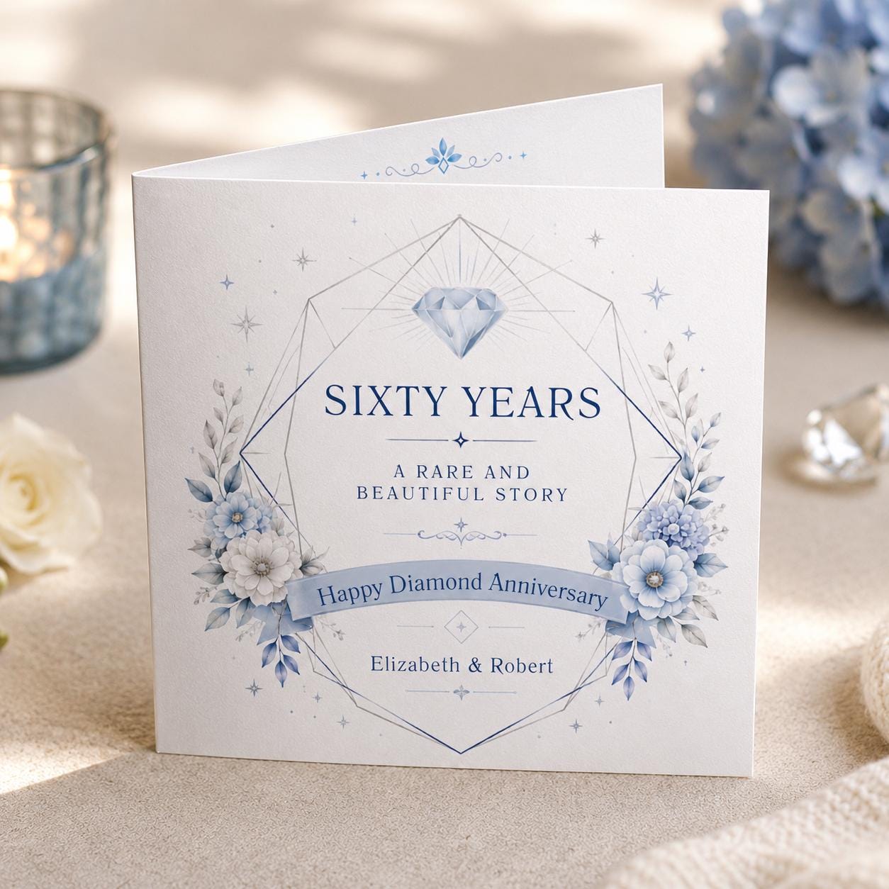 60th Anniversary Greeting Card, Diamond Wedding Card for Couple, Blue Floral Printable Editable Card Canva Template - Image 6