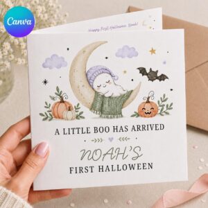 Baby's First Halloween Greeting Card, Cute Little Boo Printable Card for Baby, Editable Folded Card Canva Template