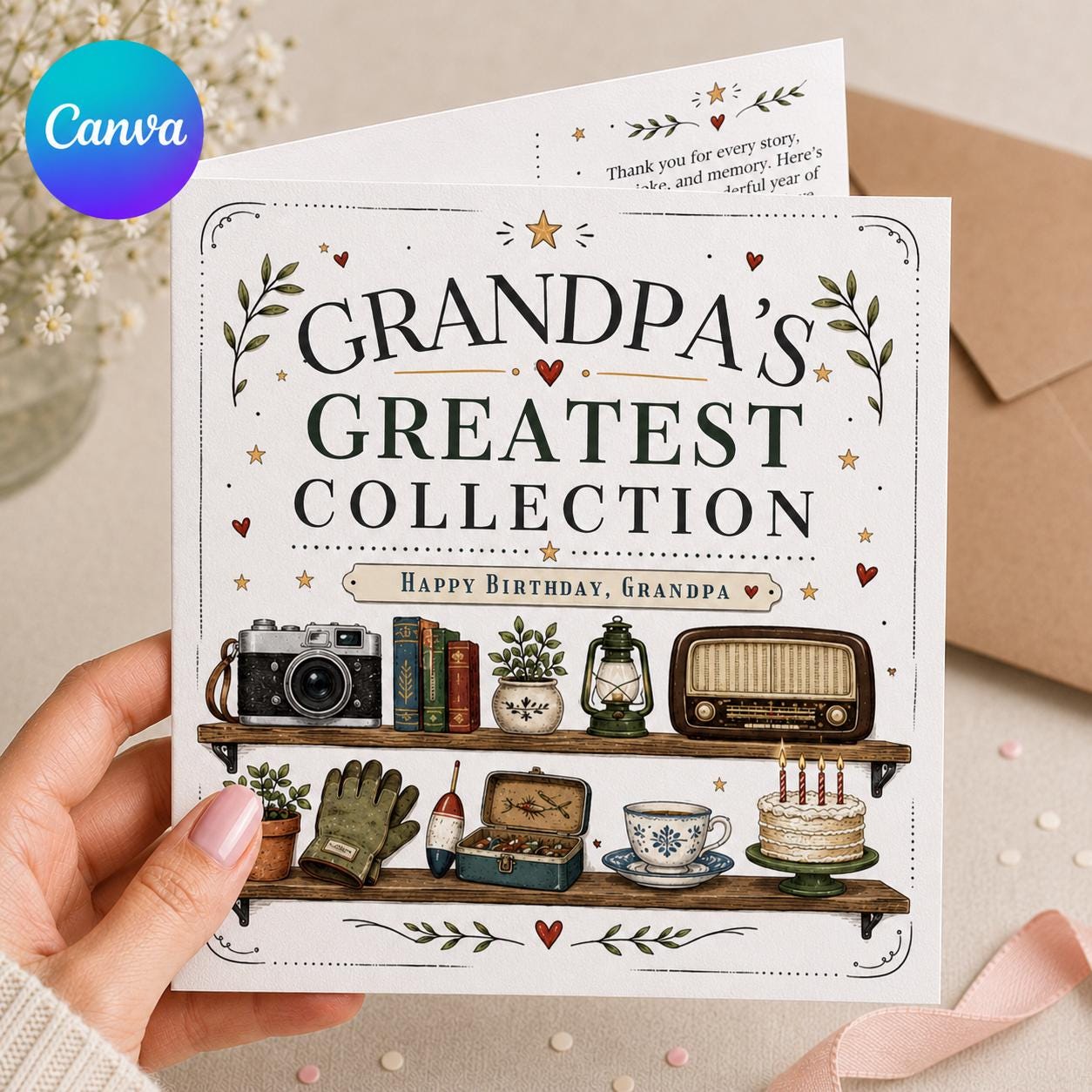 Grandpa Birthday Greeting Card, Vintage Greatest Collection Printable Card for Grandfather, Editable Canva Template