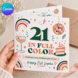 21st Birthday Greeting Card for Her, Colorful Retro Disco Printable Editable Folded Card Canva Template