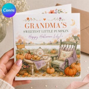 Halloween Greeting Card for Granddaughter, Grandma's Sweetest Little Pumpkin Printable Editable Folded Card Canva Template
