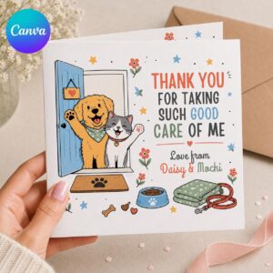 Pet Sitter Thank You Greeting Card from Dog and Cat, Printable Editable Folded Card Canva Template