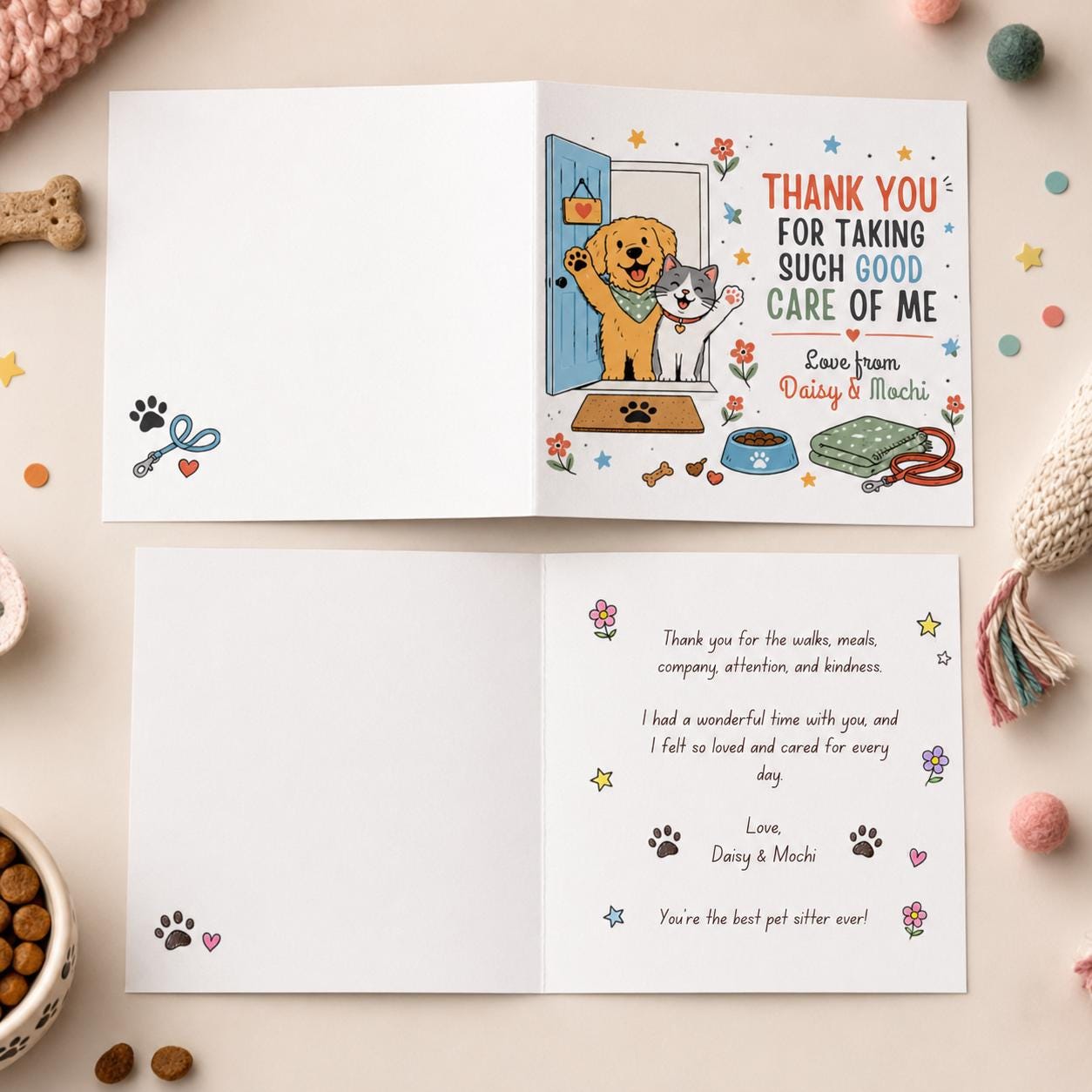 Pet Sitter Thank You Greeting Card from Dog and Cat, Printable Editable Folded Card Canva Template - Image 4