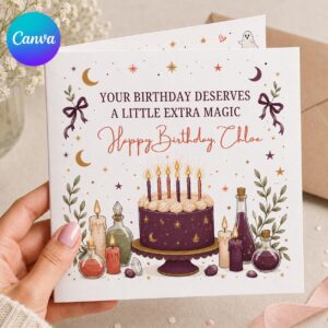 Witchy Birthday Greeting Card for Her, Magical Potion Cake Printable Editable Folded Card Canva Template