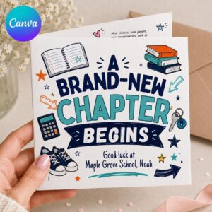 New School Good Luck Greeting Card for Student, Back to School Printable Editable Folded Card Canva Template