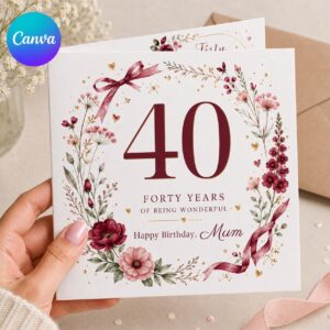 40th Birthday Greeting Card for Mum, Elegant Burgundy Floral Printable Editable Folded Card Canva Template
