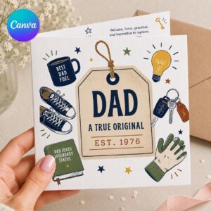 Dad Birthday Greeting Card, True Original Printable Editable Vintage Style Folded Card Canva Template